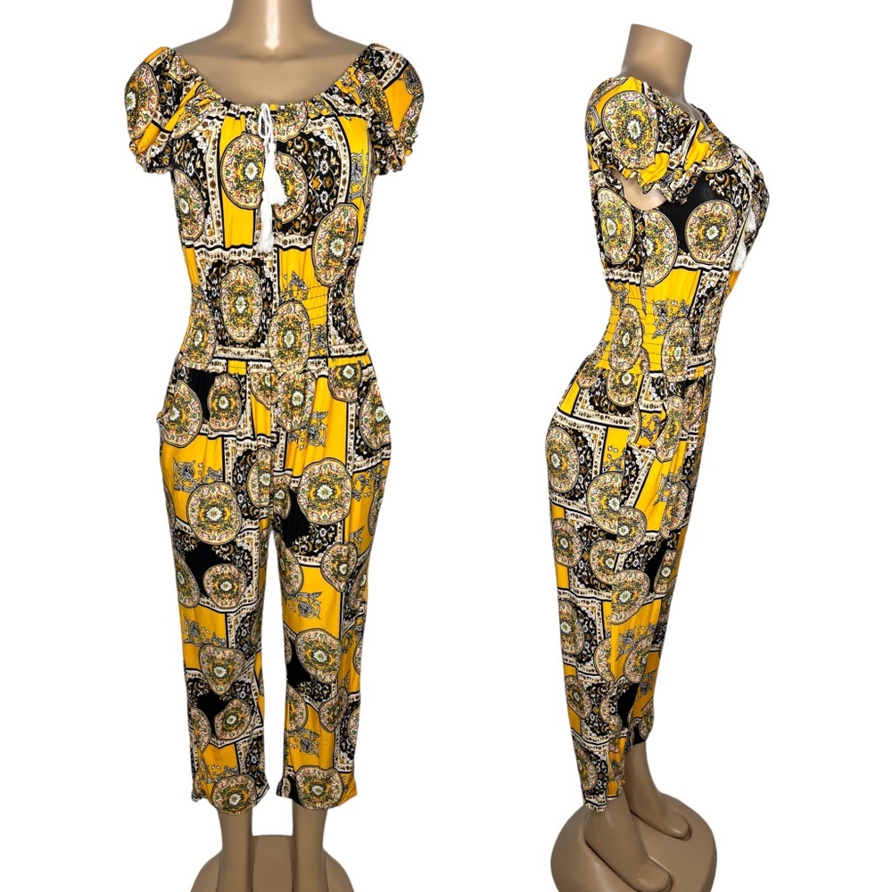 NWT Size S Women Floral Off Shoulder Short Sleeve Relaxed Fit Comfy Jumpsuit